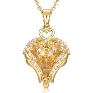 Sterling Silver Nurse Caduceus Angel Wing Crystal Necklace Gift for Women